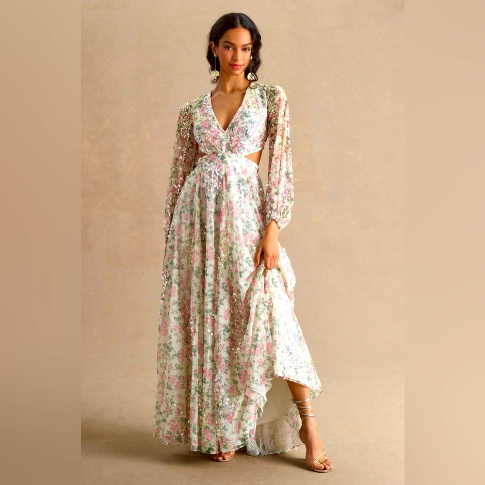 🌸NWT! Mac Duggal Floral Sequin Lace Up Back Dress